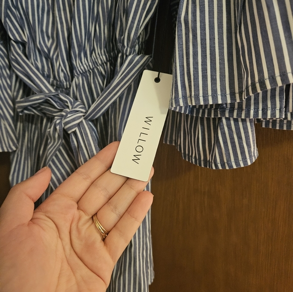 Blue and white stripe off shoulder romper, flowy sleeves - Picture 5 of 7